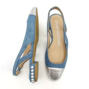 Stuart Weitzman Denim Pearl Slingback Flats Size 6 Silver Cap Toe Made in Spain